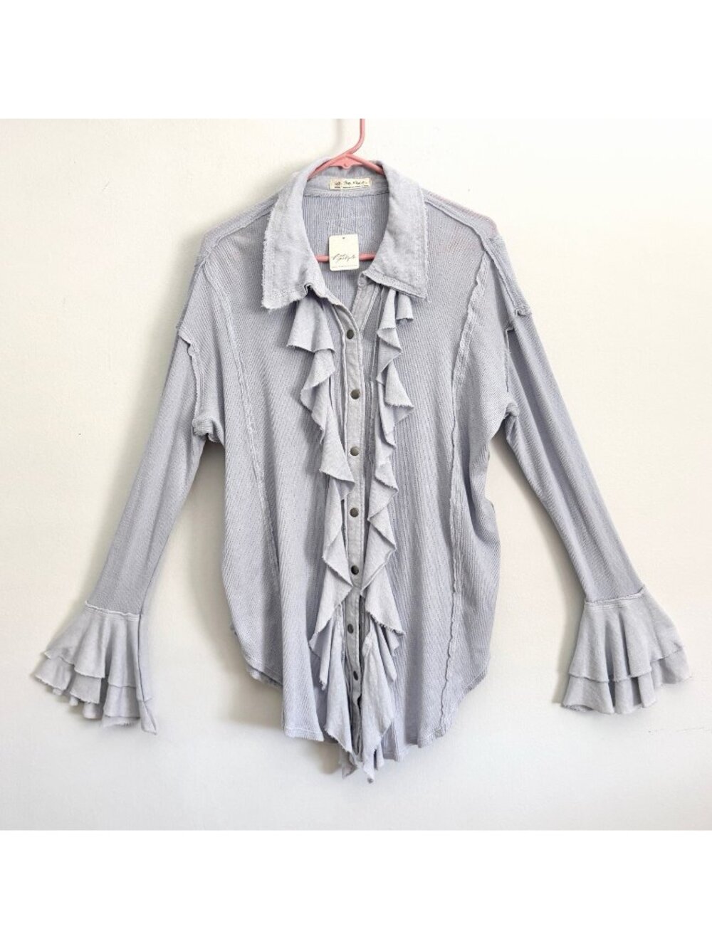 NEW We The Free People Feelin Fresh Sky Blue Ruffle Shirt Long Sleeve Snap Sz M